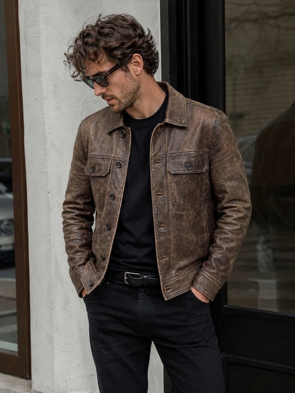 John Varvatos Saul Distressed Leather Trucker Jacket Brown Size 46 Sheep Skin